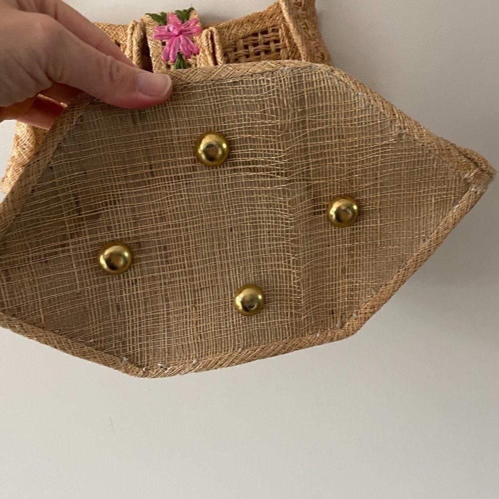 Vintage Crossbody Bag Woven Wicker Straw Floral Boho Brown 11x13 - Picture 5 of 7